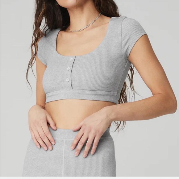 ALO Yoga Blissful Henley Bra Top Light Gray Ribbed Cropped Tank